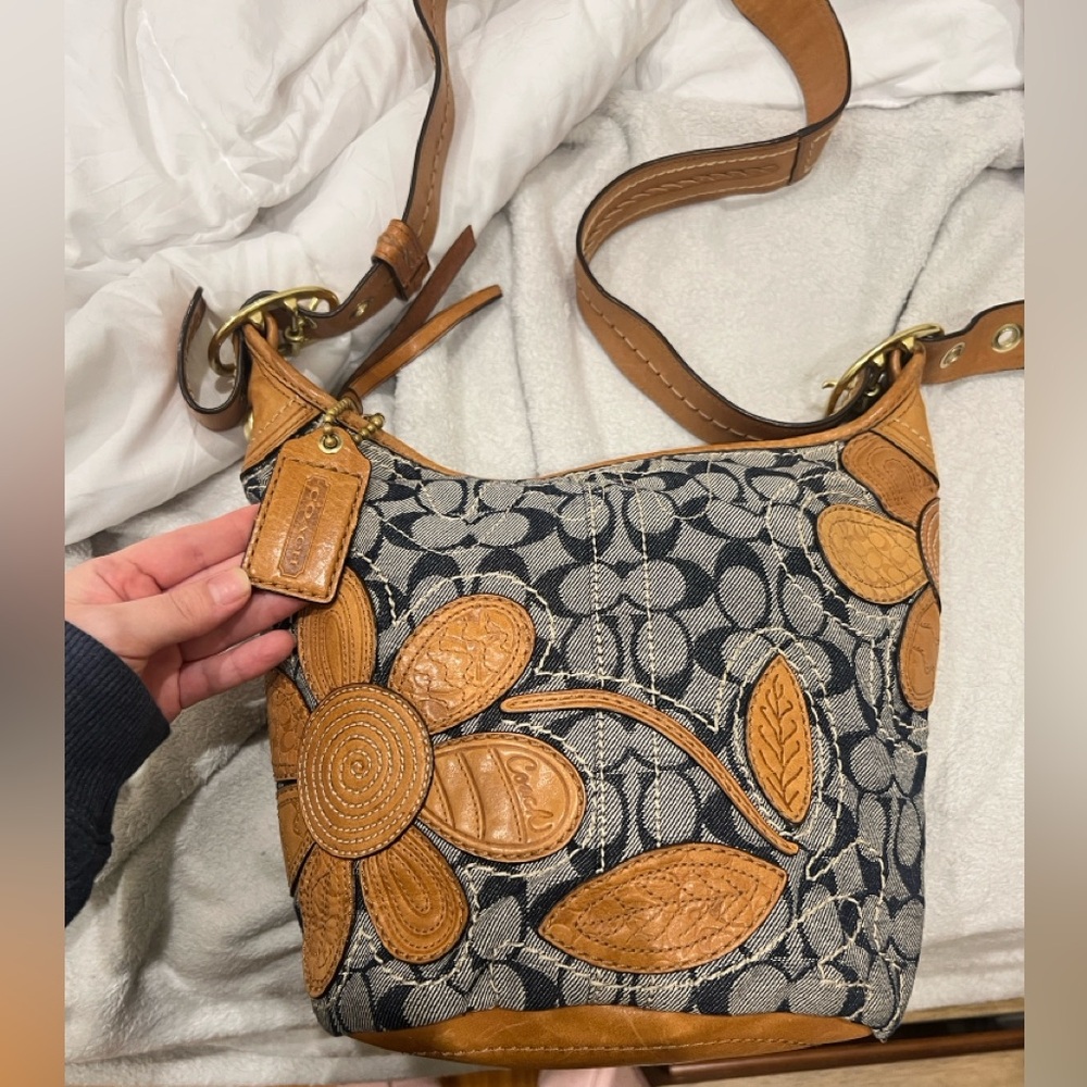 Coach Bleecker denim floral duffle whiskey leather 11781
